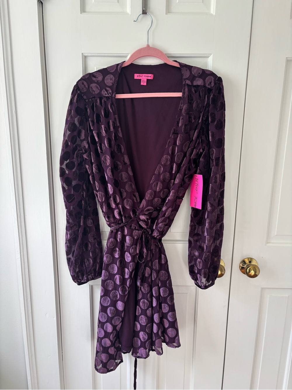 Betsey Johnson Deep Purple Polka Dot Wrap Dress with Sheer Sleeves